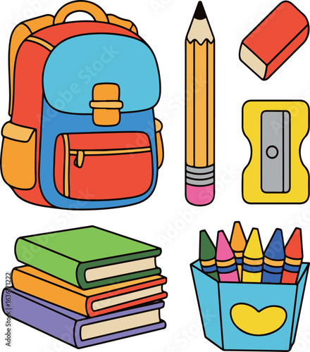 Backpack pencil eraser sharpener books crayons vector