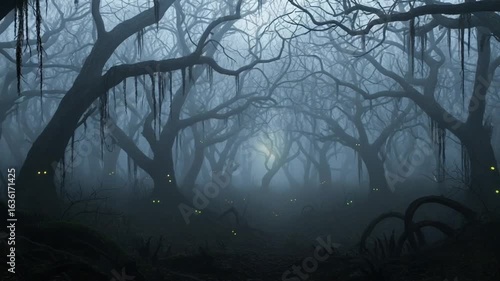 A spooky and mysterious dark forest at night, where eerie glowing eyes watch from the shadows of the foggy, gnarled trees.
