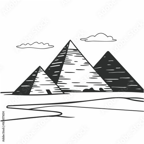 Black and white sketch of Egyptian pyramids with clouds on a white background giza ancient