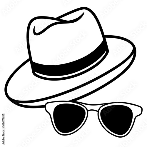 Black fedora hat and sunglasses on a white background eyewear accessory