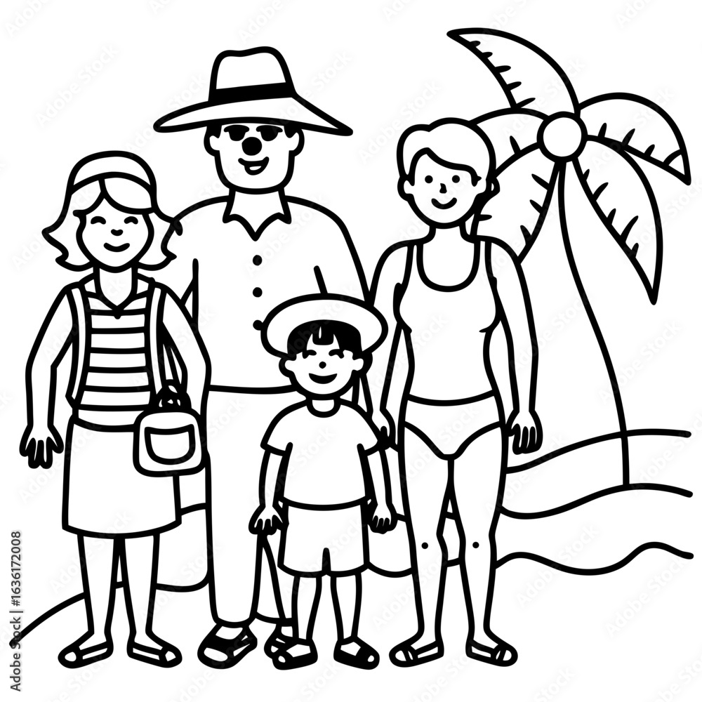 Cheerful family posing on a beach with palm tree and waves vacation holiday Cheerful family posing on a beach with palm tree and waves vacation holiday
