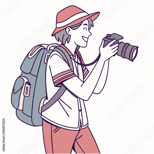 Cheerful person with backpack and camera on white background travel photography