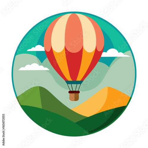 Colorful hot air balloon floating over rolling green hills and yellow landscape under a teal sky with clouds