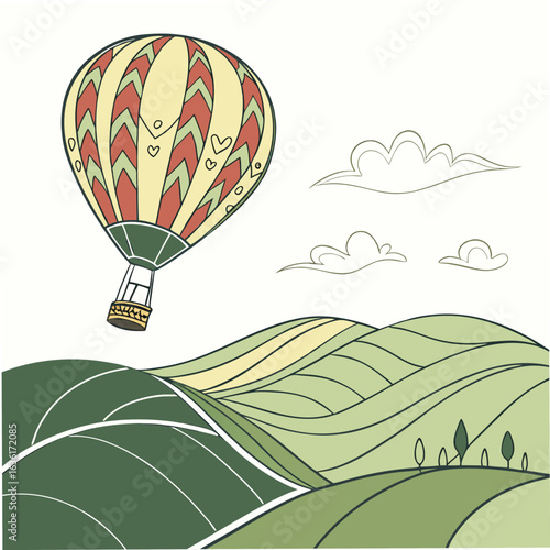 Colorful hot air balloon floats over rolling green hills with stylized clouds on a white background airship