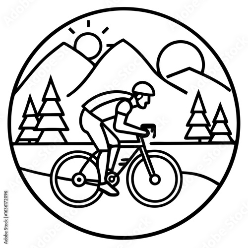 Cyclist riding a bicycle through mountains and trees under a sun and moon cycling road trip
