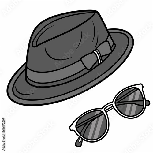 Gray fedora hat and sunglasses with striped lenses on a white background eyewear accessory