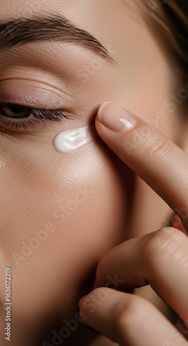 Close-up of a person applying white eye cream to the delicate skin around the eye, emphasizing skincare and beauty routine.