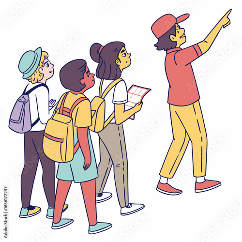 Group of tourists following a guide pointing the way on a white background vector