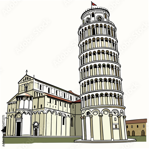 Leaning Tower of Pisa and Cathedral illustration on a white background Pisa Cathedral Italy