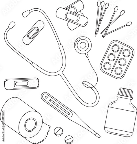 Medical supplies stethoscope bandages thermometer pills cotton swabs bottle vector