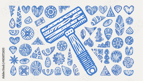Illustration of a mallet surrounded by various hand drawn shapes and patterns in a blue color palette