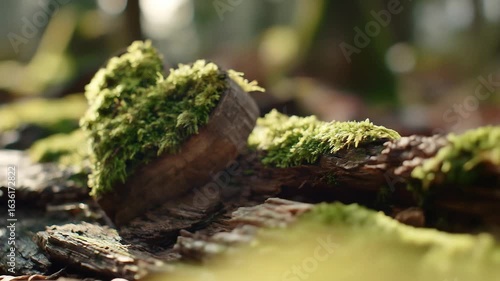 Heart-shaped mossy wood on forest log in sunlight. Nature love concept.
