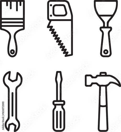 Paintbrush saw putty knife wrench screwdriver hammer vector