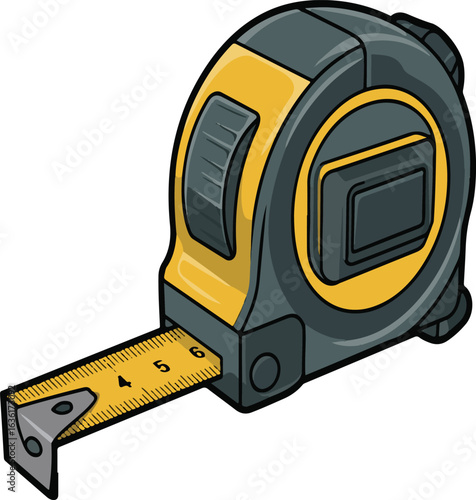 Yellow and grey tape measure with metal end measuring tool construction