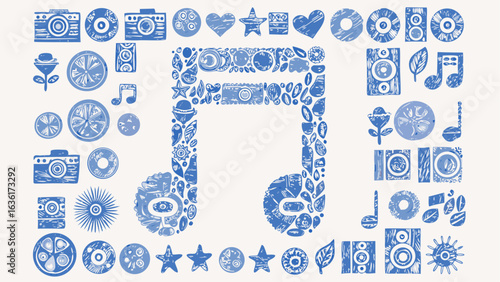 Illustration of a musical note composed of various decorative elements such as cameras, flowers and speakers
