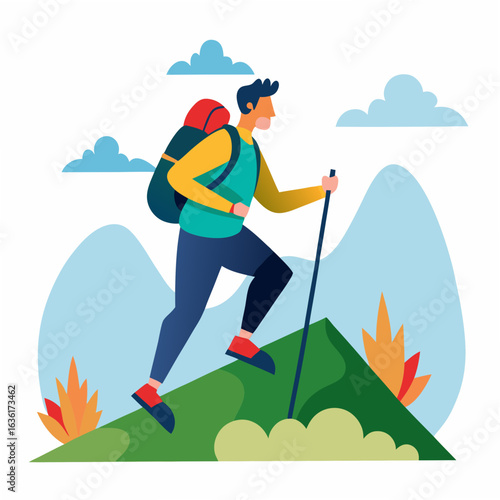 Man with backpack hiking up a green hill with blue sky and clouds hiker climbing