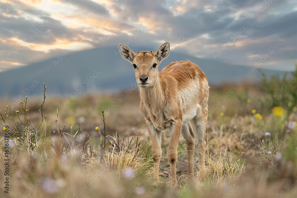 Fototapeta premium Young deer standing in a grassy field with mountains and clouds in the background