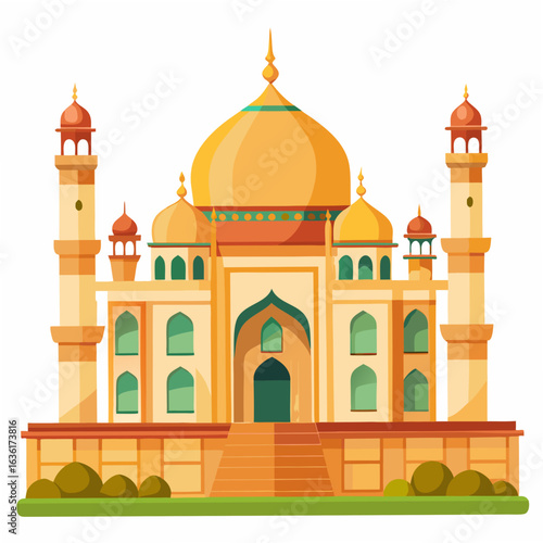 Stylized illustration of the Taj Mahal with golden domes and minarets on a white background India monument