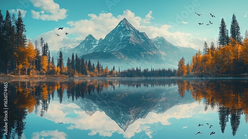 Serene autumnal lake reflecting a majestic mountain range.