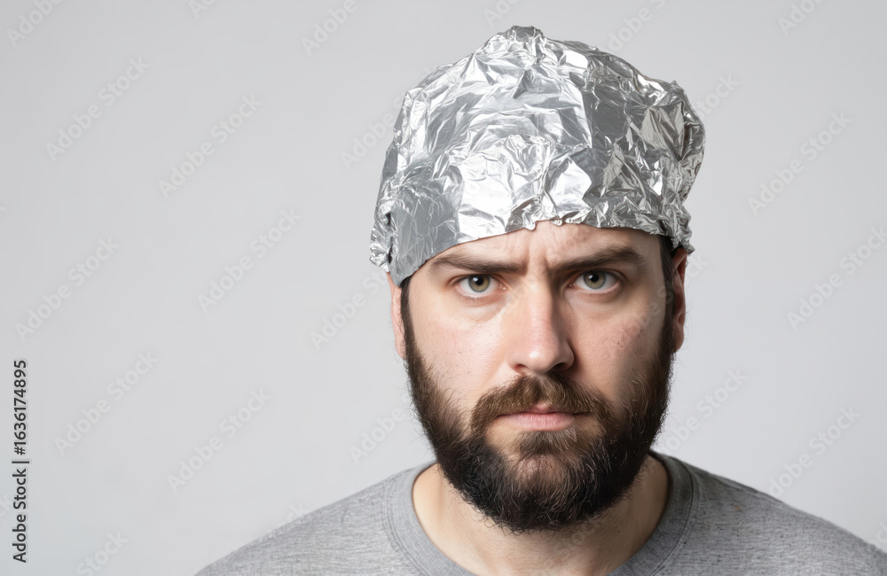 Fototapeta premium Suspicious bearded man wears tinfoil hat, believes in conspiracy theories. Distrustful, skeptical look. Concept of paranoia, eccentricity, unusual behavior, odd, strange secretive personality,