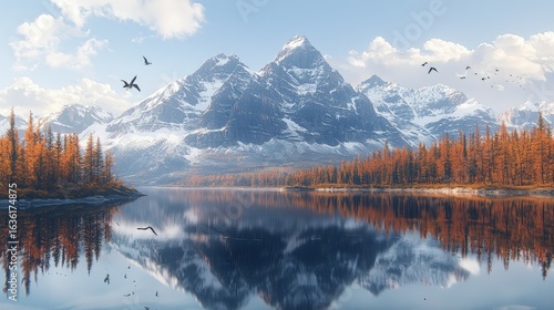 Serene mountain lake with autumnal trees reflecting in the water.