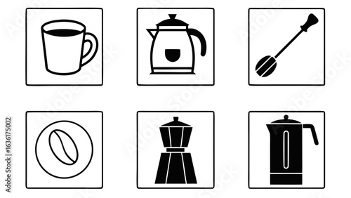 Coffee icons collection featuring mug kettle coffee bean moka pot and stirrer