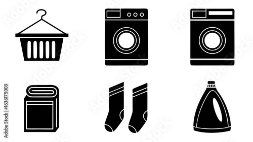 Collection of laundry related icons in black and white