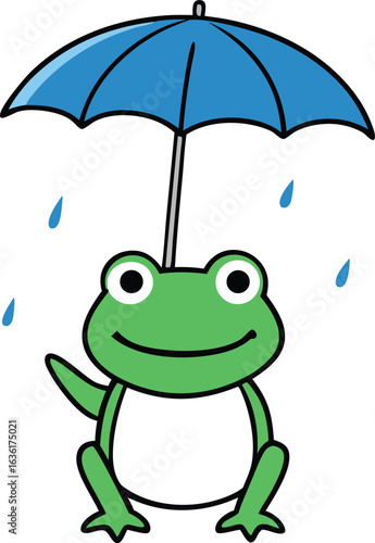 Cute cartoon frog holding a blue umbrella in the rain