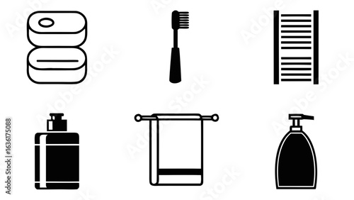 Simple black and white icons of bathroom essentials