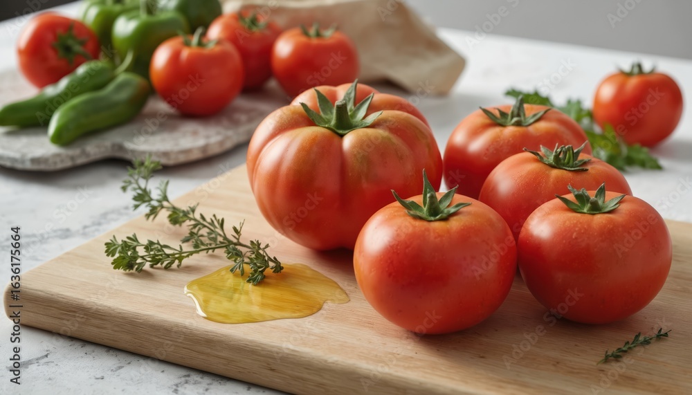 Fresh brandywine tomatoes on wooden cutting board with thyme sprigs and olive oil. Red ripe summer vegetables with green peppers on kitchen table ready for cooking healthy salad. Fresh brandywine tomatoes on wooden cutting board with thyme sprigs and olive oil. Red ripe summer vegetables with green peppers on kitchen table ready for cooking healthy salad.