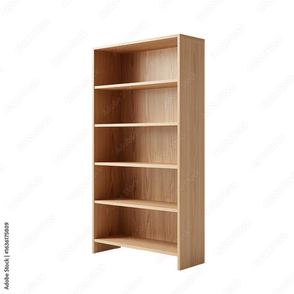 Minimalist Light Wood Bookshelf with Five Shelves, Side View Minimalist Light Wood Bookshelf with Five Shelves, Side View