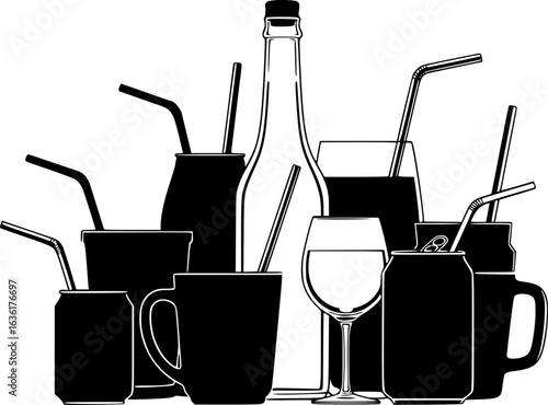 a stark black and white vector silhouette composition featuring a diverse array of drink containers