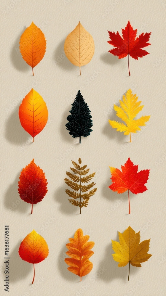 Fototapeta premium Beautiful autumn leaves arranged in various colors and shapes on a light background