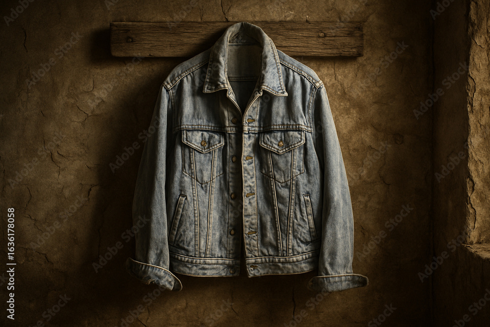 Fototapeta premium Classic vintage denim jacket on a textured earthen wall, evoking a sense of timeless ruggedness.