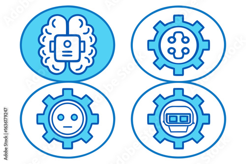 Set of four circular icons representing artificial intelligence and robotics concepts