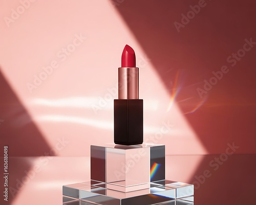 Designer Lipstick on Crystal Blocks, Pink Background, Beauty Concept