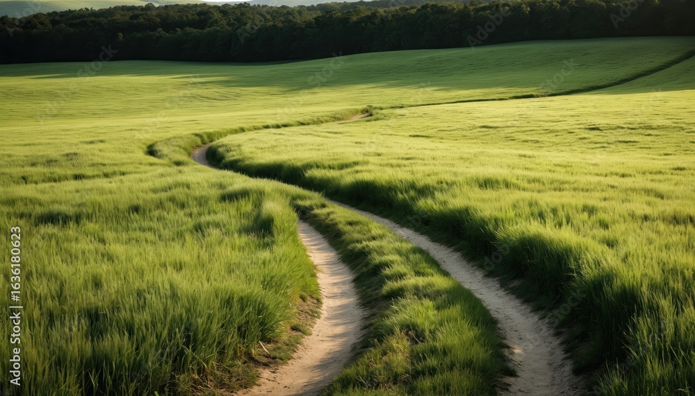 Obraz premium Scenic winding dirt path through green grass field in morning sunlight. Landscape of farmland, meadow. Serene rural scene of countryside track. Summer background of farm, spring pasture with blue sky.