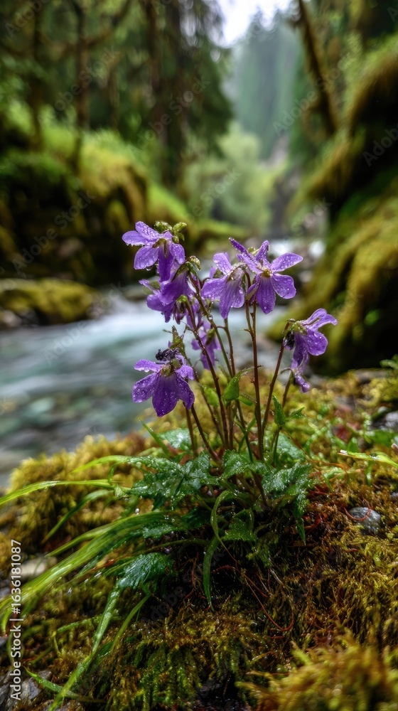 Obraz premium Purple wildflowers thrive amidst a mossy, rocky stream bed in a lush forest