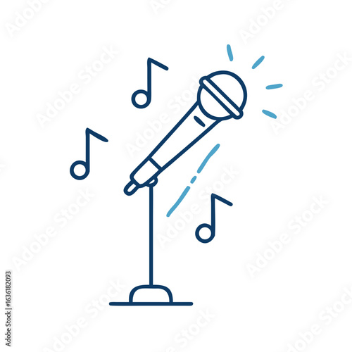 Microphone stand with musical notes in minimalist line art style  
