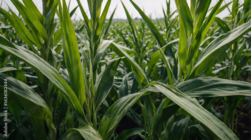 Fototapeta premium Close Up Of Braided Corn Silk With Green Plant Corn Growing In Cornfield landscape background,