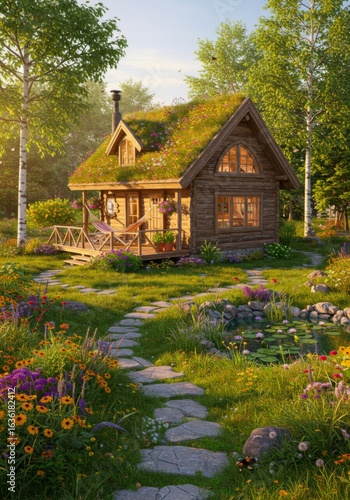Charming Wooden Cottage with Flowery Roof in Sunny Forest