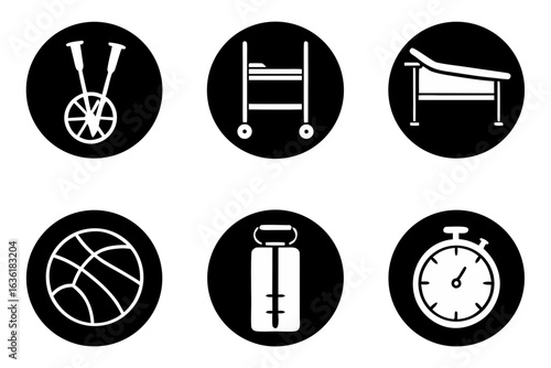 Set of medical and sports icons in black circles