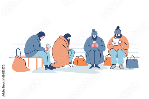 Four people sitting on a bench in the cold with bags and drinks