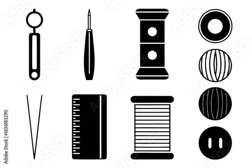 Collection of sewing and tailoring tools and supplies