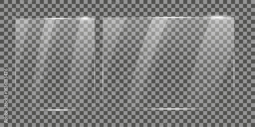 Realistic Glass Plate Effect  on transparent surface . Glass Texture Overlay , glossy plastic glare frame, acrylic with glares and light,