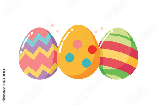 Three colorful easter eggs with festive patterns on black background