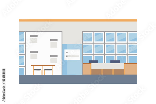 Modern office reception area with windows and seating
