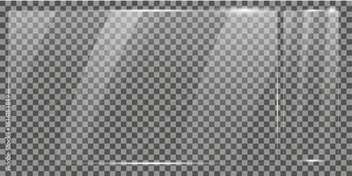 Realistic Glass Plate Effect  on transparent surface . Glass Texture Overlay , glossy plastic glare frame, acrylic with glares and light,