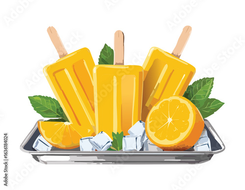 Delicious Frozen Orange Popsicles with Fruit Slices - Vector Illustration