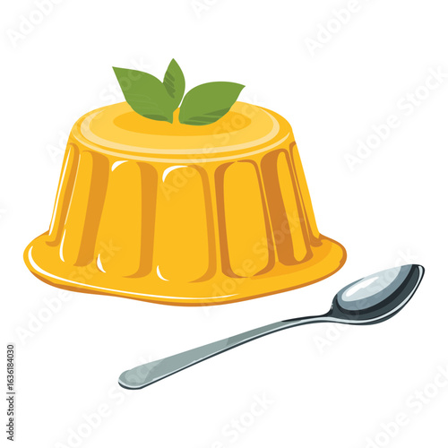 Orange Jelly Dessert with Spoon and Mint - Vector Illustration